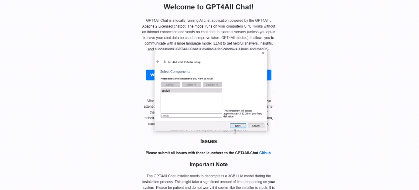 In components click on GPT4All and click on Next | How to Install AI Software Like ChatGPT on your PC