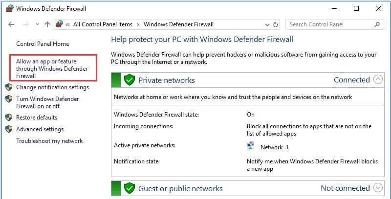 Click on the Allow an app or feature through Windows Defender Firewall option on the left.