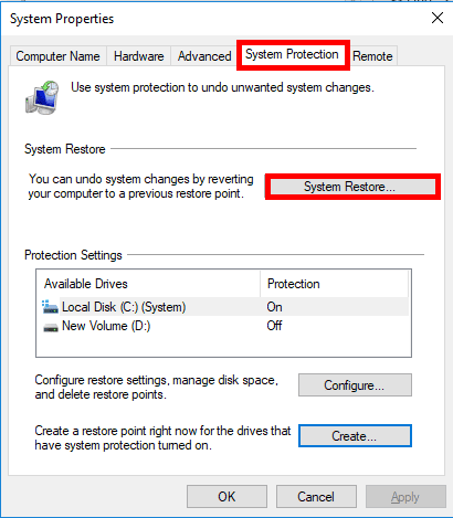 In the System Properties window, go to the System Protection tab. Click on the System Restore… button. 
