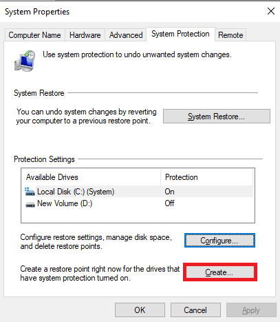 In the System Protection tab click on Create | fix high dpc latency on windows 11