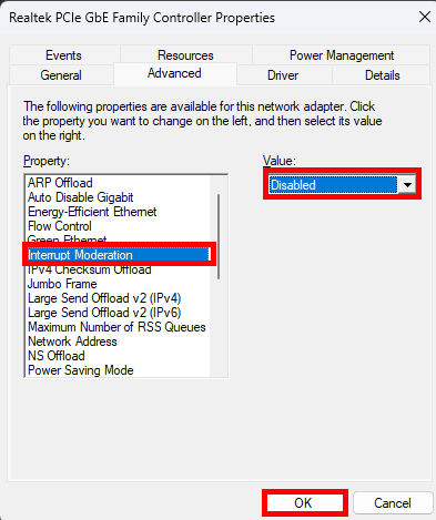 Look for properties related to packet coalescing, such as Interrupt Moderation or Packet Coalescing. Select it and choose Disable to turn off D0 Packet Coalescing. | fix high dpc latency on windows 11
