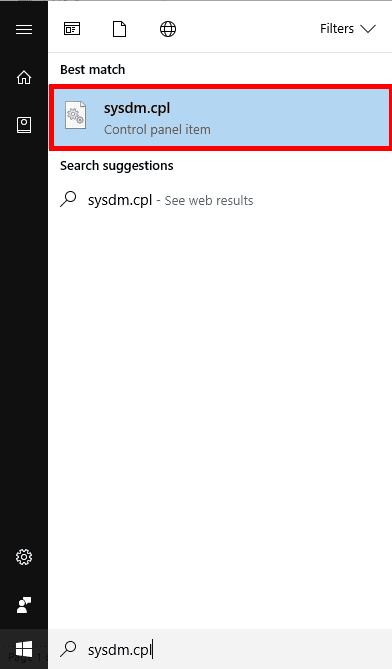 Look for the sysdm.cpl option in the search results and hit Enter | File System Error 1073741819 on Windows 10