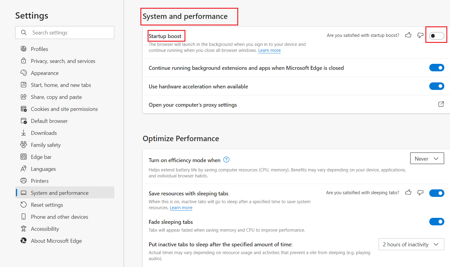microsoft edge system and performance settings