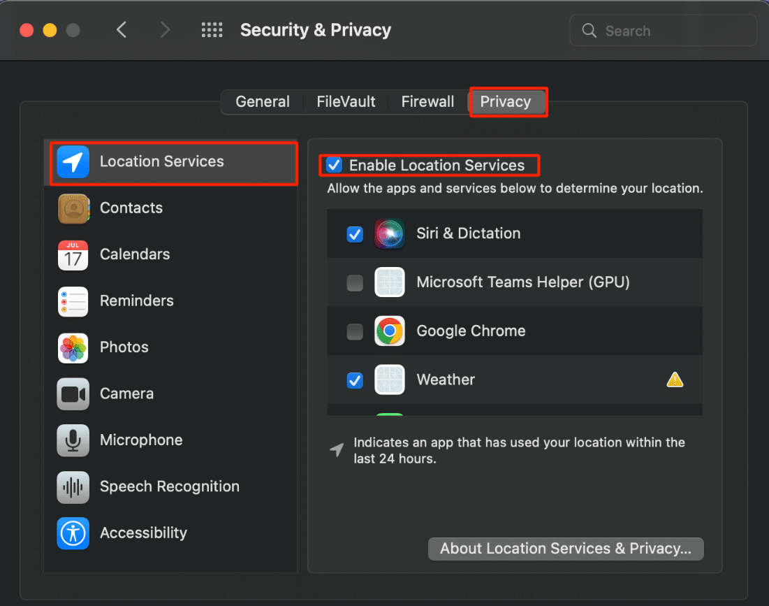 Privacy tab - Location Services - Enable Location Services