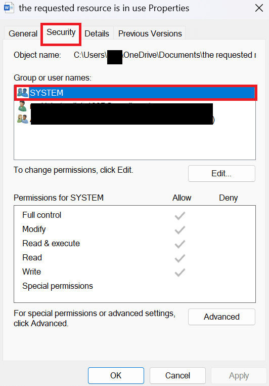 navigate to the Security tab and choose a user under Group or user names