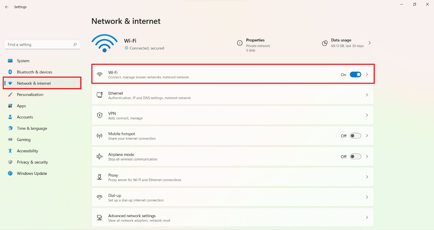 Network & internet section in the Settings.