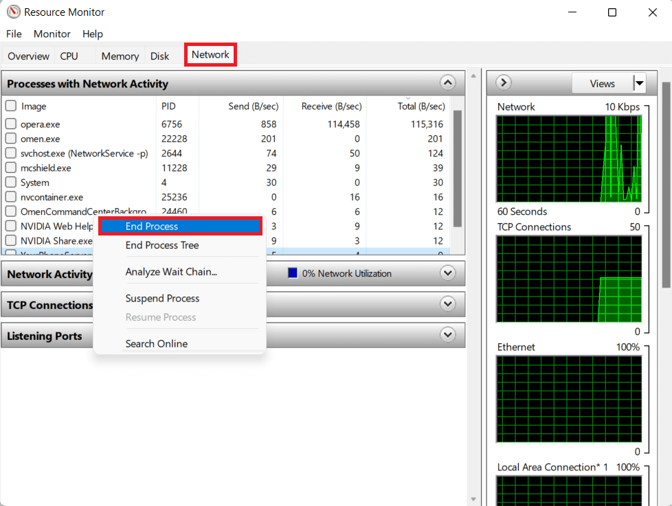 Network tab in Resource Monitor window | How to increase internet speed on Windows 11