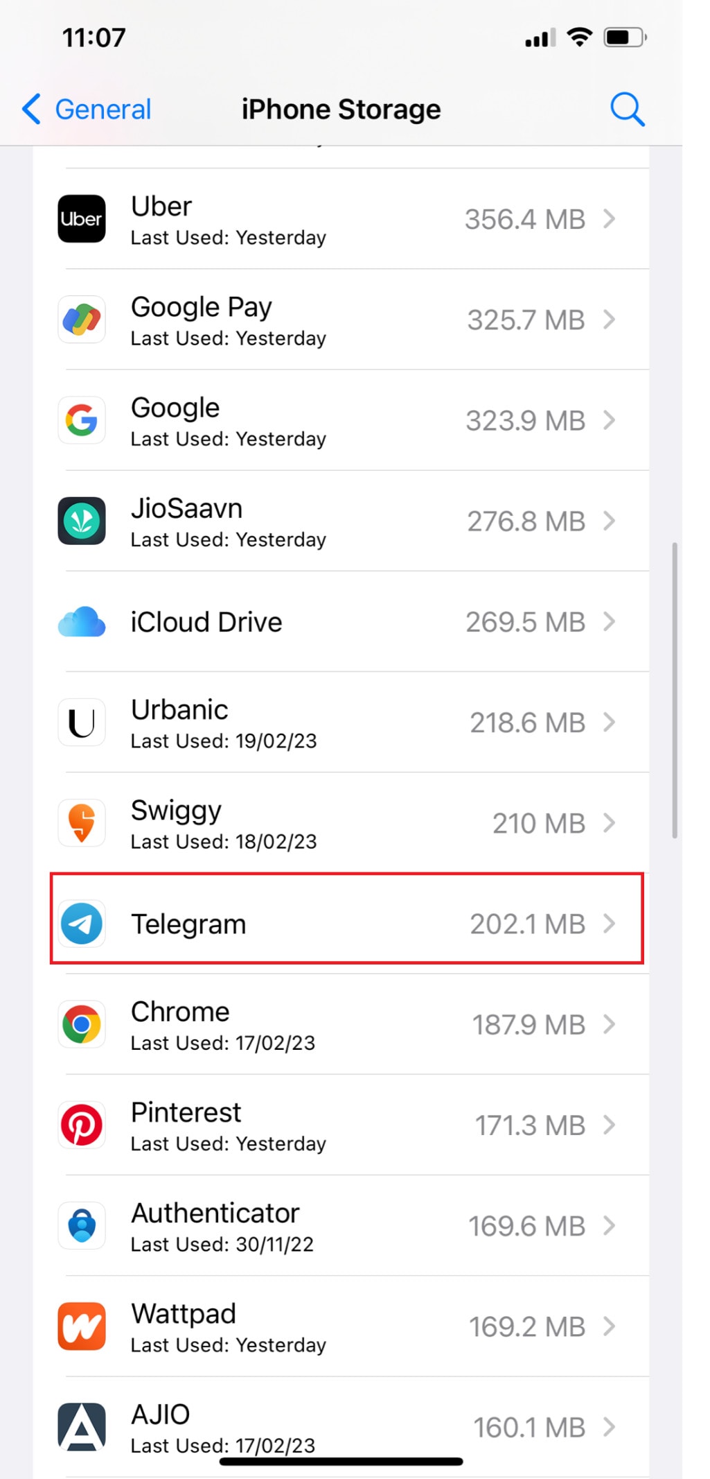 Now, choose Telegram from the list of apps to see how much storage the app is using