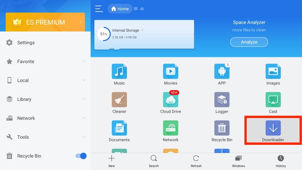 On the ES File Explorer's home screen, locate and choose the Downloader.