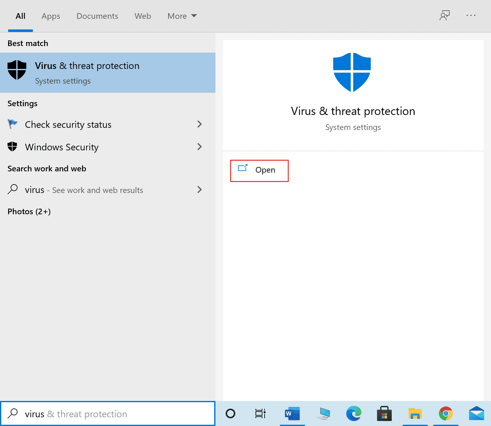 open virus and threat protection in windows search bar
