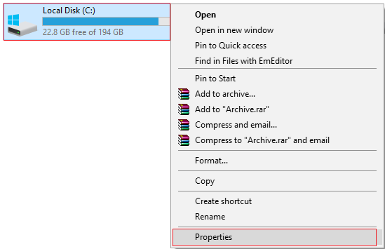 right click on C: drive and select properties