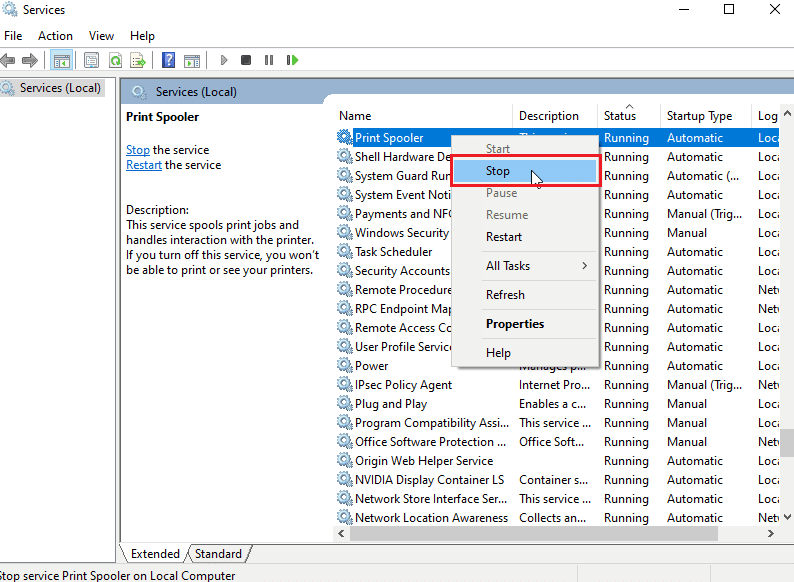 click on Stop to stop the service. Fix Printer Installation Issues in Windows 10