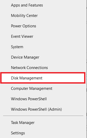 Right-click on the Windows icon and select Disk management