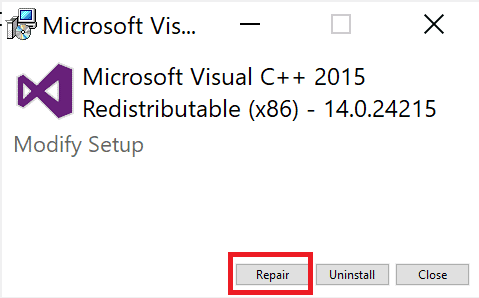Select Repair | How to Repair Microsoft Visual C++ Redistributable