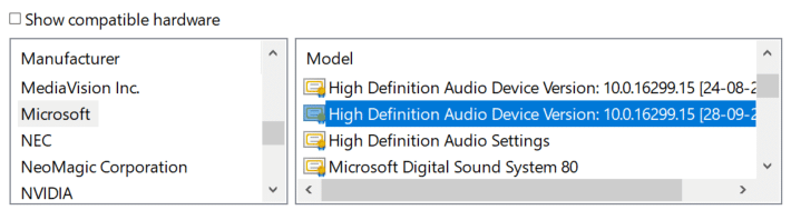 Select the Microsoft driver (High Definition Audio Device)