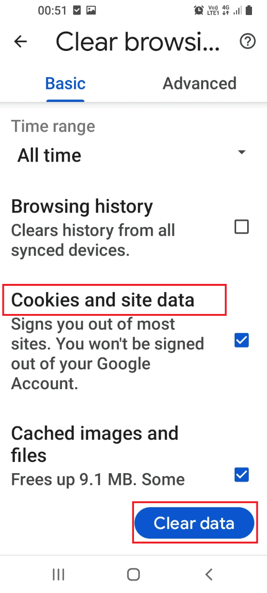 Select the box next to the Cookies and site data option and tap on the Clear data button 