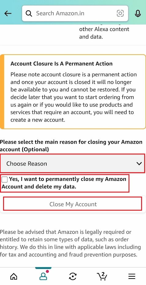 select the desired reason and Yes confirmation checkbox and tap on Close My Account | How to Delete Audible Account
