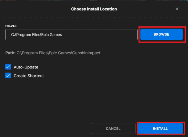 Select the installation location using the BROWSE button and then click on the INSTALL button | Genshin Impact black screen