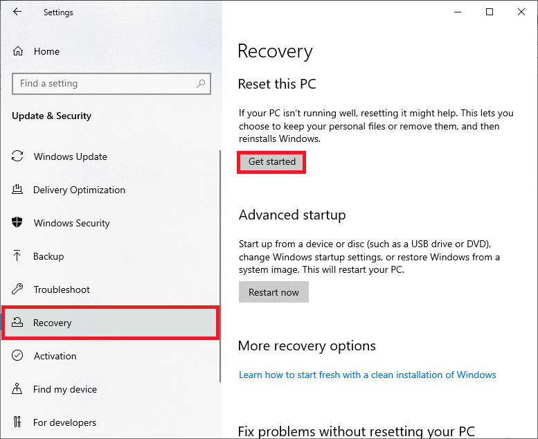  select the Recovery option from the left pane and click on Get started in the right pane. How to Fix Bluetooth Driver Error in Windows 10