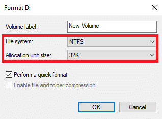 Select Volume level as NTFS and Allocation unit size as 32K