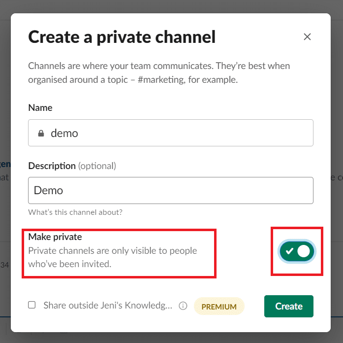 Set the privacy level for the group by choosing Public or Private | How to Create a Group in Slack