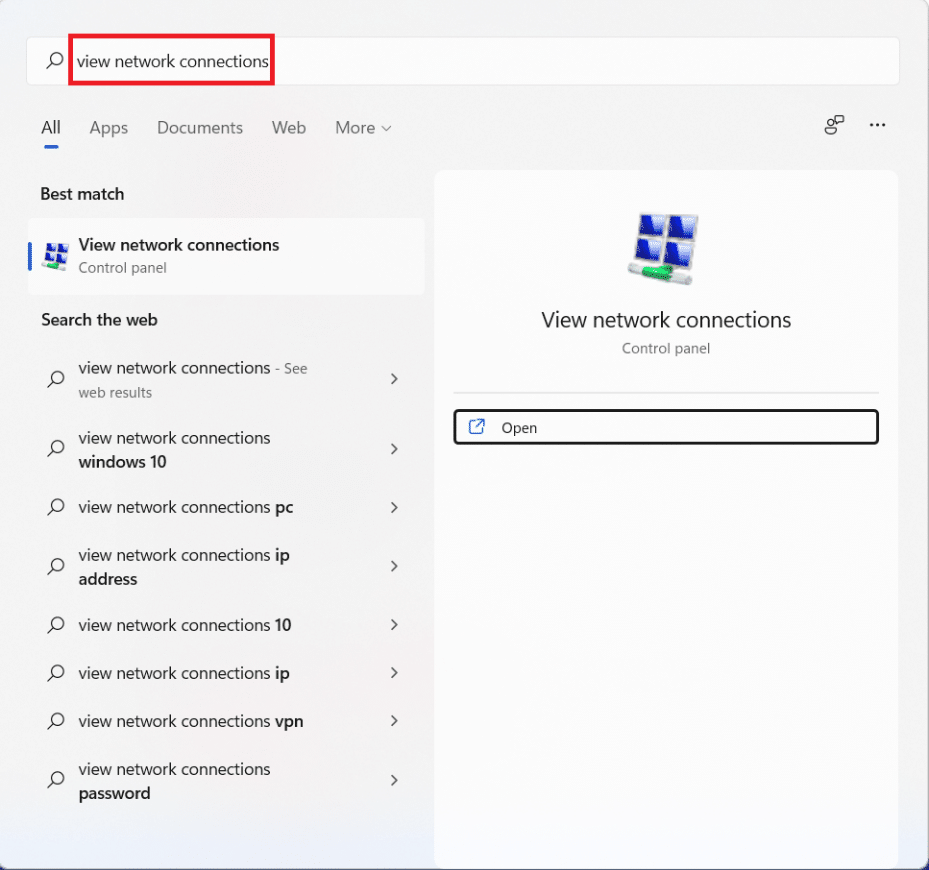 Start search results for Network connections. How to Increase Internet Speed on Windows 11