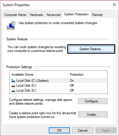 system restore in system properties | The user profile cannot be loaded on Windows 10 