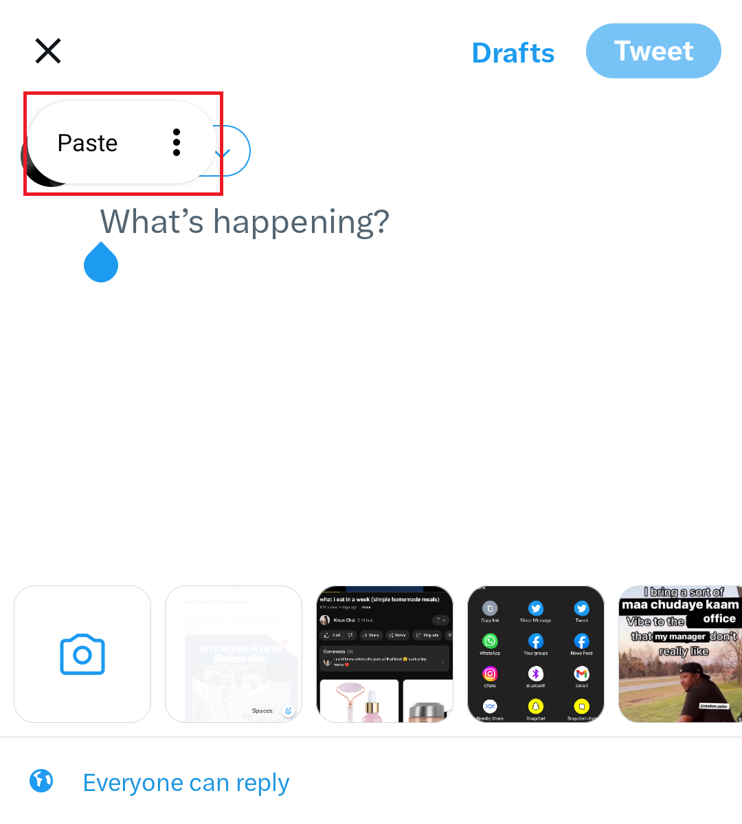 Tap and hold on the What’s happening? section and tap on the Paste option