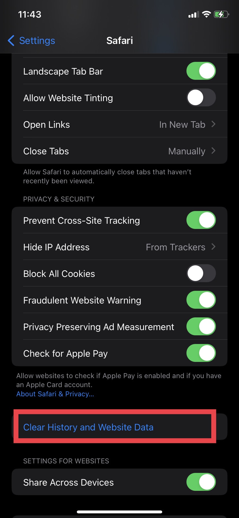 tap on Clear History and Website Data | whatsapp stuck on connecting