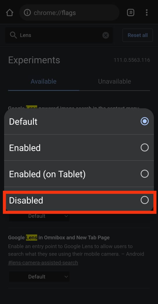 Tap on Disabled. | How to Disable Google Lens Search from Google Chrome