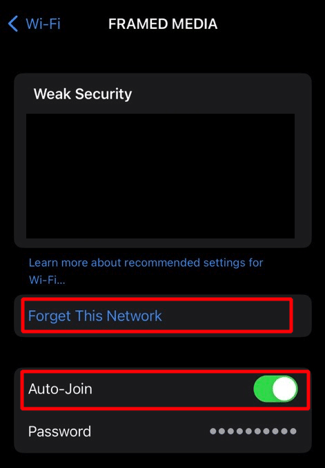 tap on forget this network and turn on auto join slider