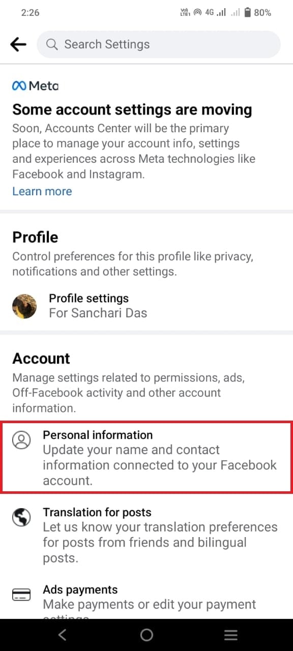 Tap on Personal information from the Settings page | get rid of facebook asking for phone number