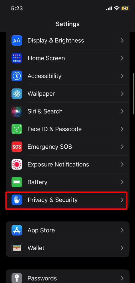 tap on privacy & security option