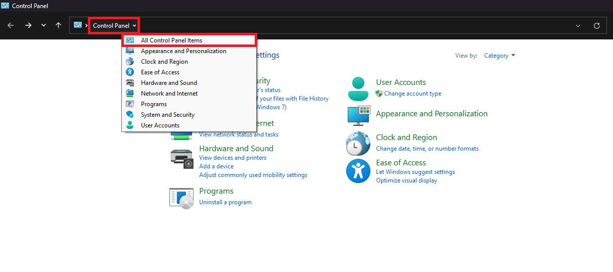 Tap on the arrow beside the control panel on the top left of the screen and then tap on all control panel items. | How to Perform Disk Cleanup in Windows 11 with Commands