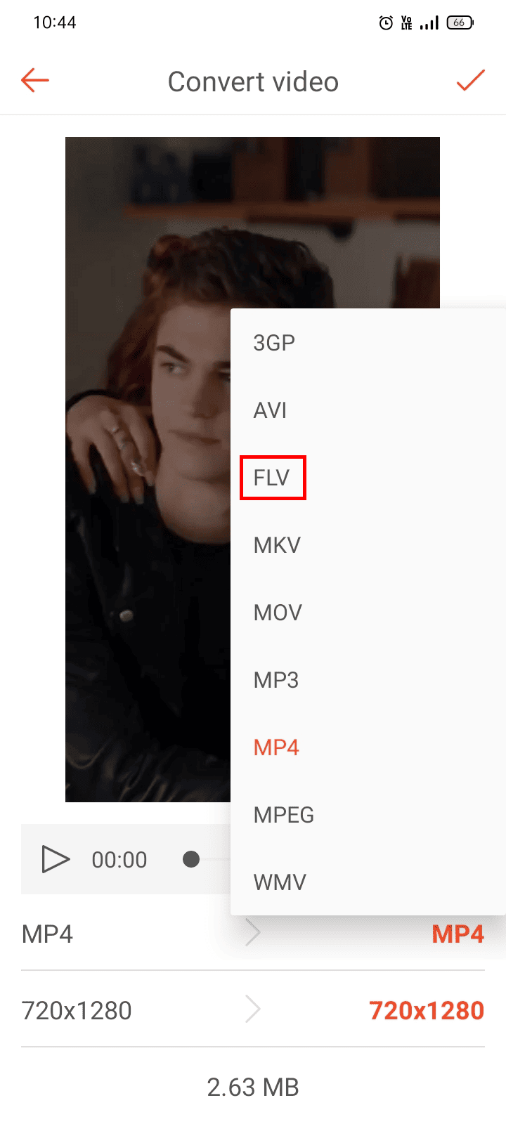 Tap on the FLV option from the drop-down menu.