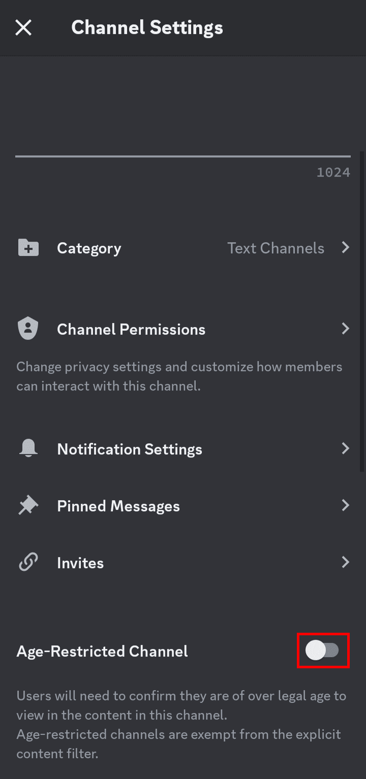Tap on the toggle switch beside the Age-Restricted Channel option to enable NSFW content on your Discord channel.