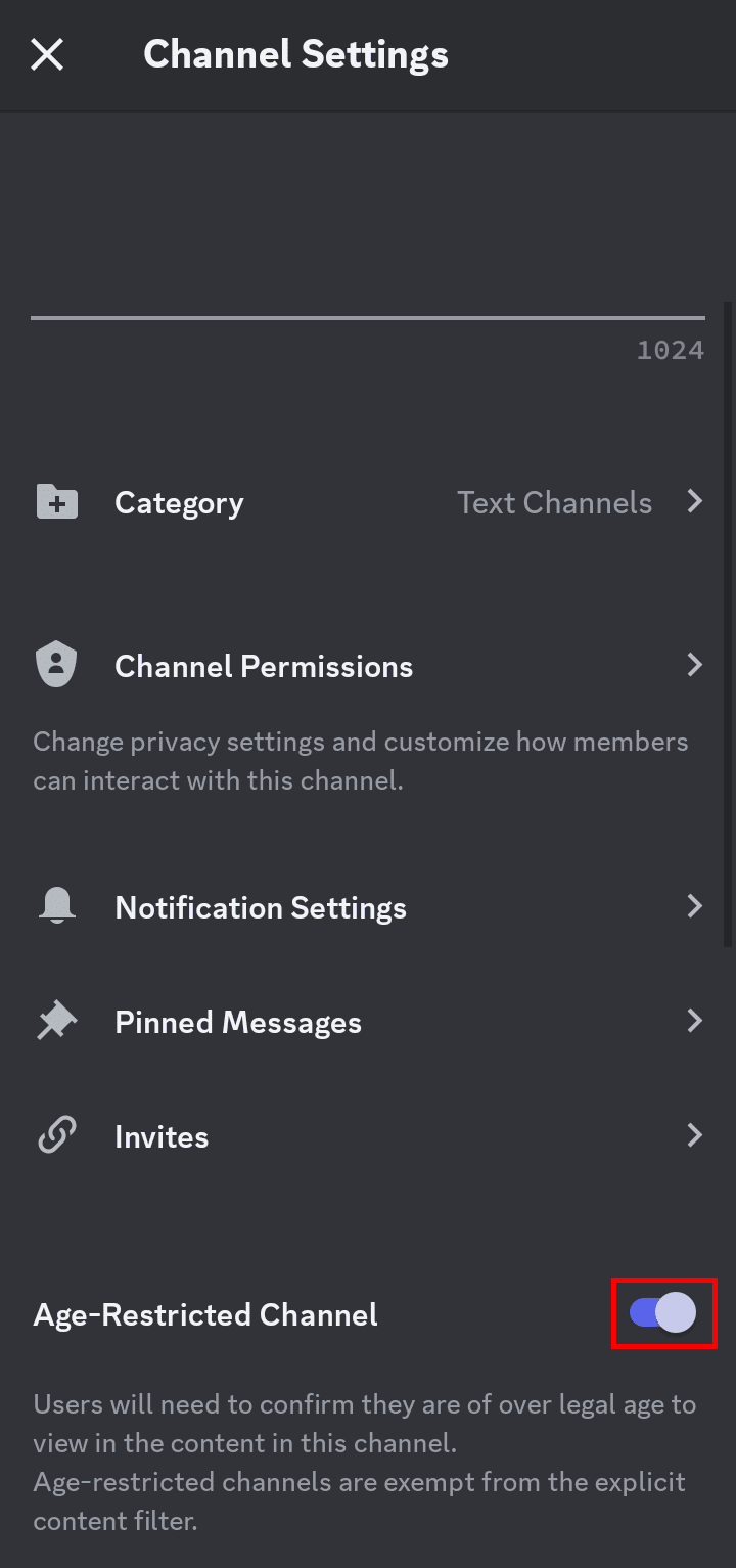 Tap on the toggle switch beside the Age-Restricted Channel option to disable NSFW content on your Discord channel.