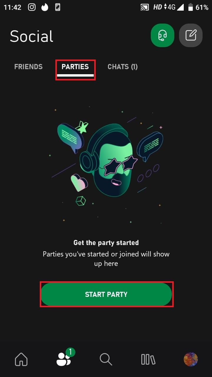 Tap the Parties tab. Here tap on START PARTY.