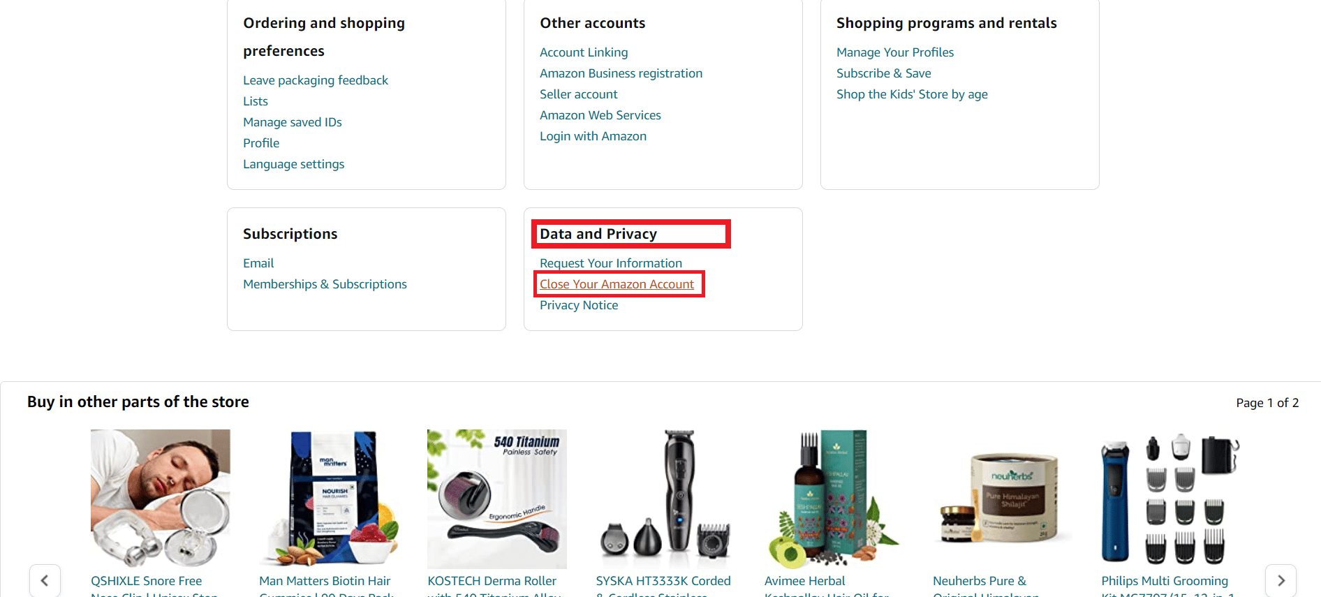 Then go to the Data and Privacy section and select Close Your Amazon Account.
