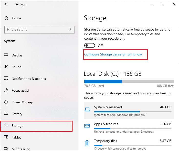 Then, in the left pane, click on the Storage tab, and in the right pane, select the Configure Storage Sense or run it now link. Fix Windows Could Not Search for New Updates
