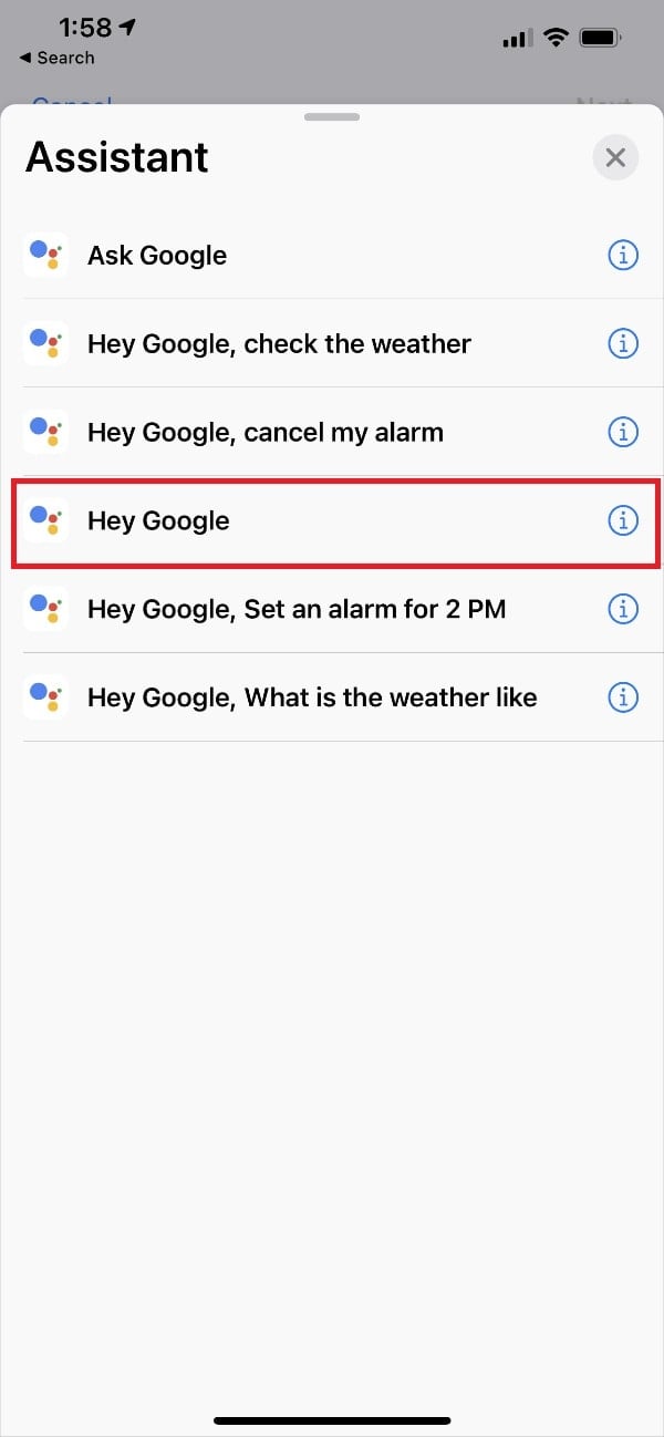 Then, in the list of Actions tap on Hey, Google. 