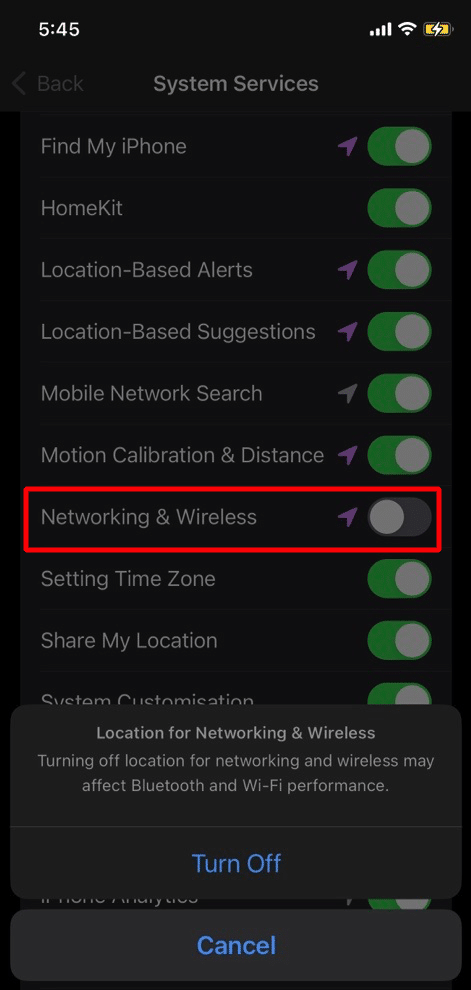 toggle off networking & wireless