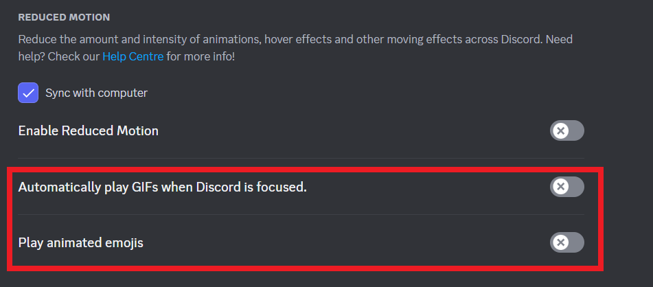Toggle off Play animated emojis and Automatically play GIFs when Discord is focused option. | How to Disable GIFs on Discord