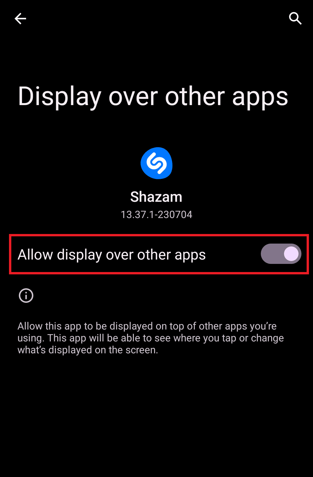 toggle on Allow display over other apps from settings