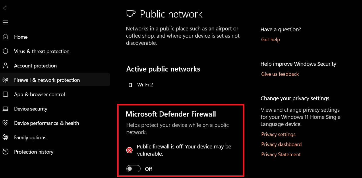 Turn off the Microsoft Defender Firewall toggle switch to disable the firewall | fix high dpc latency on windows 11