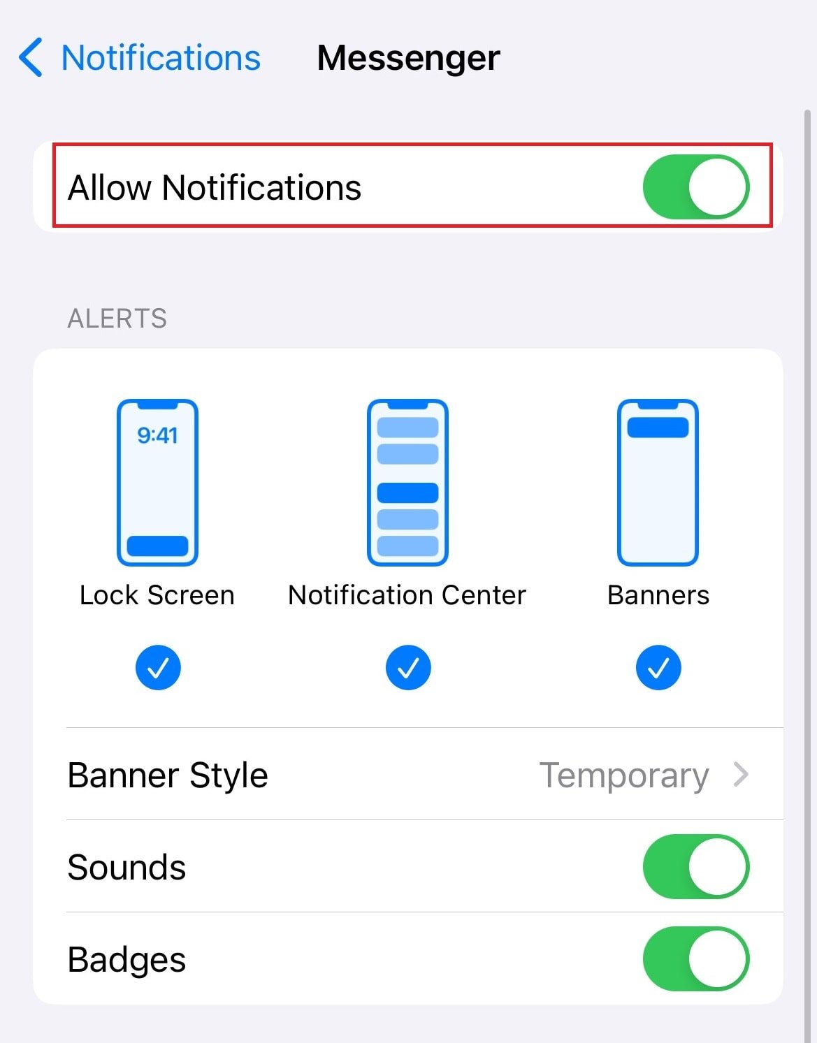 Turn on the toggle for Allow Notifications