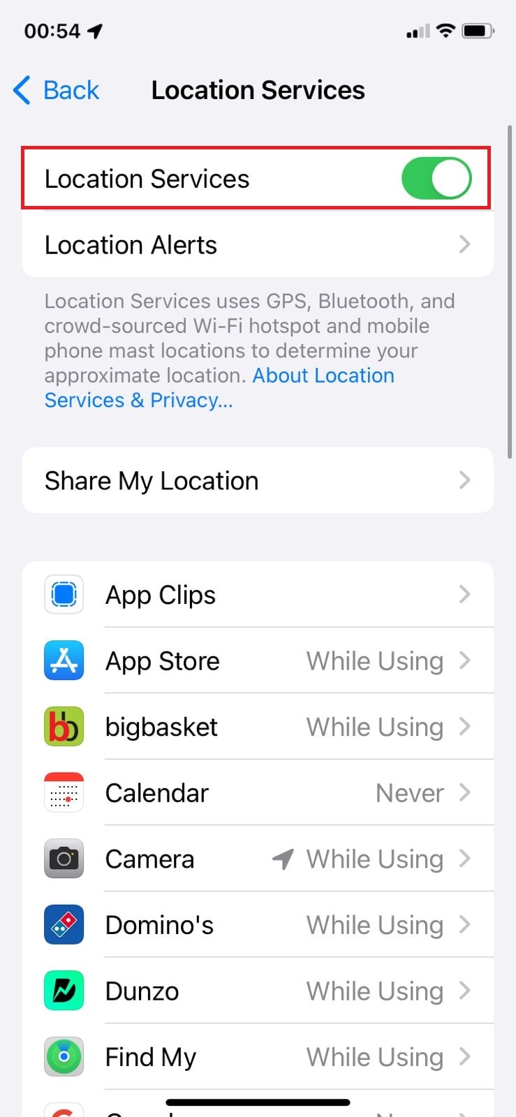 turn the toggle on for Location Services