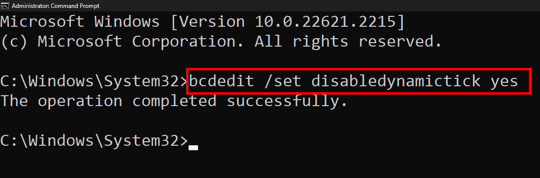 Type the following command and press Enter: bcdedit /set disabledynamictick yes | fix high dpc latency on windows 11