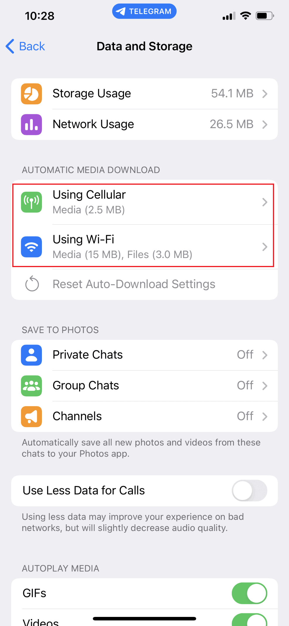 Using Cellular and Using Wi-Fi | how to clear telegram cache on iPhone