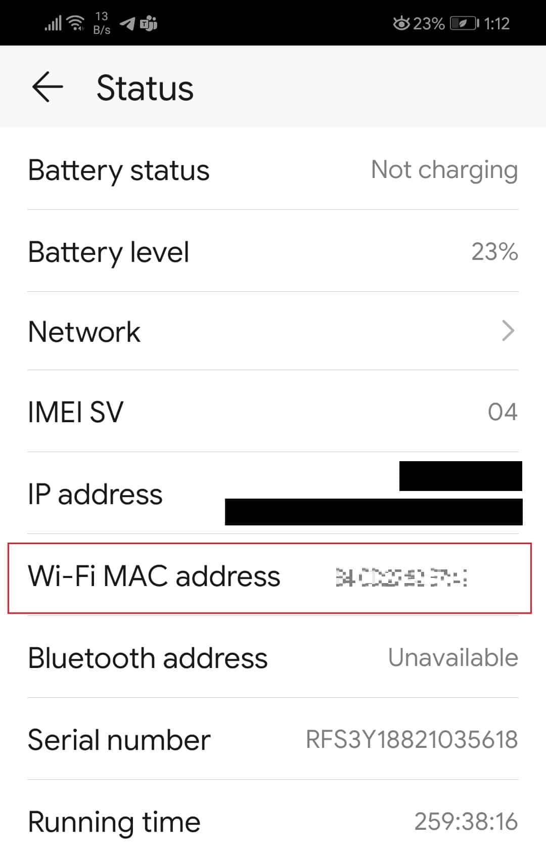 wifi mac address in Honor Play About phone status